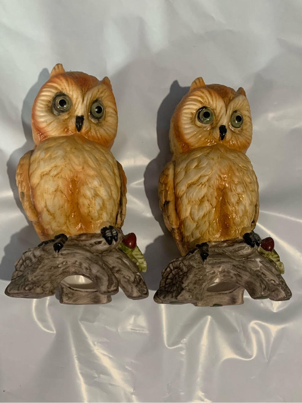 Pair Vintage Hand Painted Ardalt Verithin Ceramic Owl Night Light Figurines